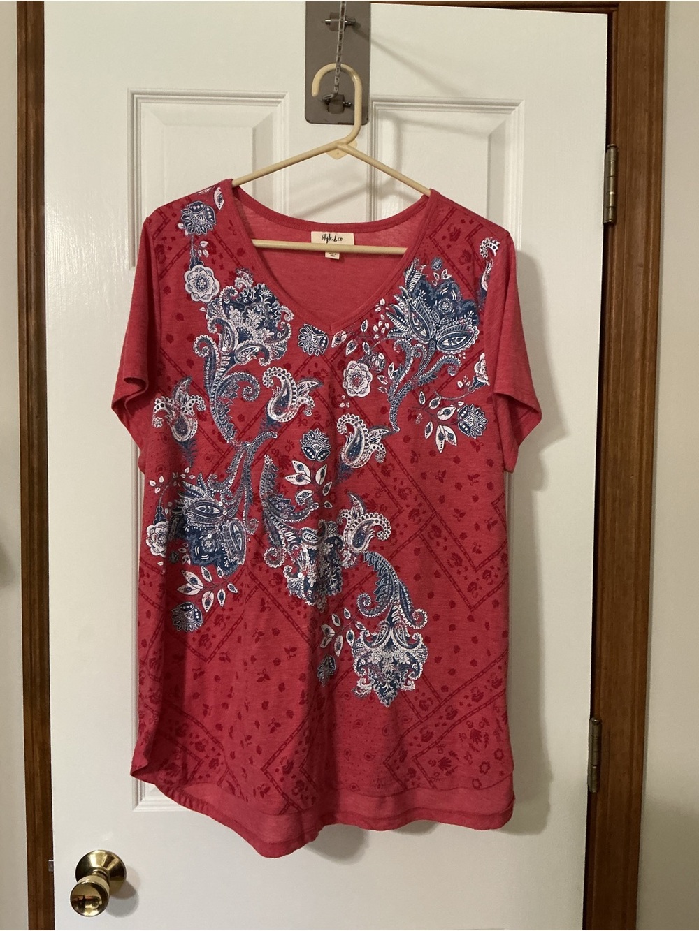 Style and co. Red Paisley V-Neck Short Sleeve Top